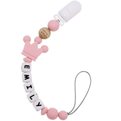 Personalized Pacifier Clip with Name, Panny & Mody Customized Pacifier Holder Leash with Name (Pink Crown)