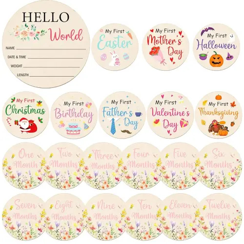 Wildflower Monthly Baby Milestone Signs, 11PCS Wooden My First Holiday Milestone Cards Newborn Halloween Christmas Gift, Baby Announcement and Hello World Newborn Sign