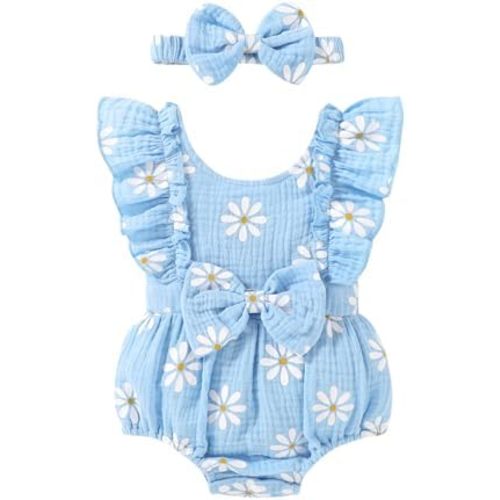 YOUNGER TREE Newborn Baby Girl Clothes Ruffle Sleeve Rompers Infant Backless Floral Jumpsuit Summer Outfits with Headband