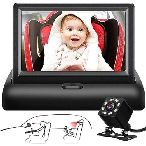 Baby Car Mirror, Shybaby 1080P Camera Monitor with Handbell Toy, 4.3'' HD Wide View Seat Mirror Night Vision Function to Observe Baby's Every Movement While Driving, Black, YB-302BM