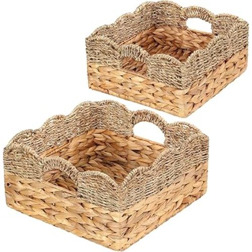 Scalloped Baskets (Natural-Set of 2) Wicker Basket For Decor, Basket Living Room Organizer, Bathroom, Bedroom, Laundry,... Water Hyacinth Mix Seagrass Storage Baskets with Built-in Handles.