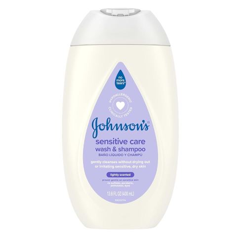 Johnson's Sensitive Care Baby Body Wash & Shampoo, Daily Moisturizing 2-in-1 Baby Wash & Shampoo to Gently Cleanse Dry, Sensitive Skin, Lightly Scented, Tear-Free, Hypoallergenic, 13.6 fl. oz