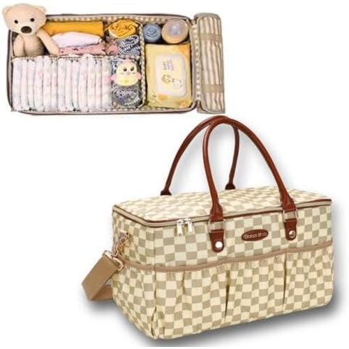 DOKUS & CO Luxe Diaper Tote, Extra-Large Collapsible Baby Caddy for Home, Travel & Car, Giftable Hospital-Ready Diaper Bag