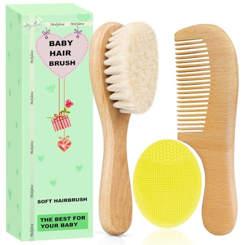 Molylove Baby Hair Brush with Wooden Handle and Comb Set for Newborns & Toddlers | Natural Soft Goat Bristles l Wood comb l Yellow Silicone Brush| Ideal for Cradle Cap (3PCS)