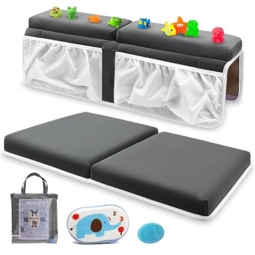 Bath Kneeler and Elbow Rest Set Baby Bath Kneeling Pad, Thick Non-Slip Bathing Kneeling Mat Cushion Quick Drying Bathtub Knee Saver with Arm Support and Pockets for Bathroom Bathing Time Comfort