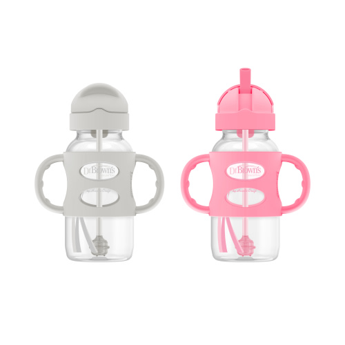 Dr. Brown's Wide-Neck Sippy Straw Bottles with Silicone Handles, Gray and Pink, 9oz/270ml, 2-Pack