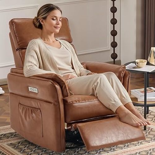 Power Recliner Rocking Chair Nursery Gliders with Adjustable Armrests and Headrest, Swivel Electric Glider Reclining Nursing Chair with USB Port and Storage Bags, FSC Certified (Leather, Brown)