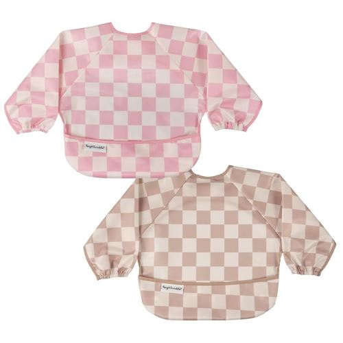 Tiny Twinkle Mess Proof Baby Bibs, 2pk Waterproof Smock Baby Bibs for Eating, Machine Washable Long Sleeve Bibs, Baby Led Weaning, Toddler Bibs, BLW Supplies (Pink,Beige Checkers, Small 6-24 Months)