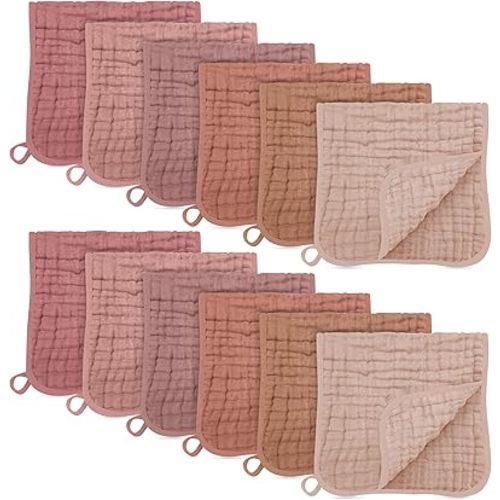 SWEET DOLPHIN 12 Pack Muslin Burp Cloths Large 100% Cotton Burping Clothes for Baby Drool - Absorbent and Soft Boys & Girls Milk Spit Up Rags for Newborn Essentials Registry - Muted Terracotta