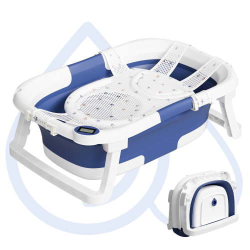 Aprpink Foldable Baby Bathtub PP+TPE with Soft Bath Net&Thermometer for 0-36 Months Toddler Blue