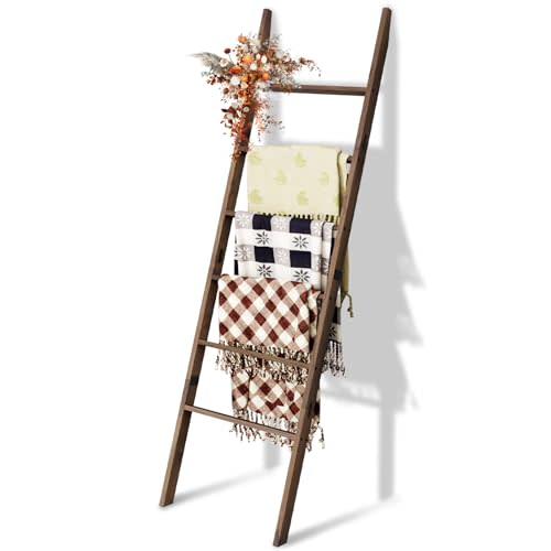 Acacia Wood 6-Tier Blanket Ladder, 5.7FT(66.5'') Blanket Quilt Towel Holder Rack Decorative Ladder Wooden, Easy Assembly, Rustic Farmhouse Ladder Shelf for The Living Room Bedroom Bathroom Home Decor