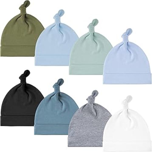 Yoofoss 8 Pack Baby Hats 0-6 Months 100% Cotton Knot Newborn Hats for Boys Girls Beanie Set Soft Infant Beanie Caps Blue