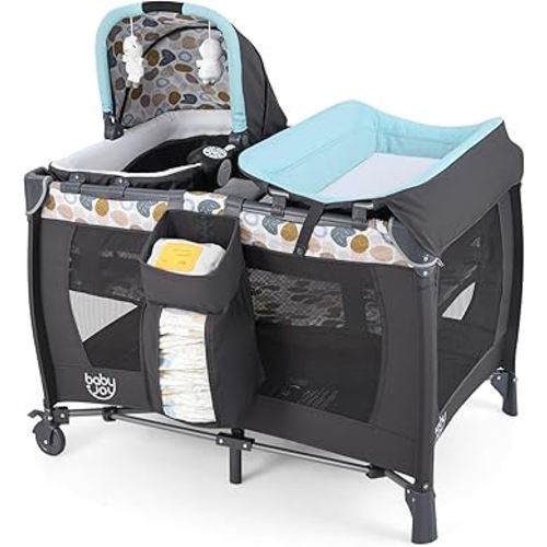 BABY JOY 5 in 1 Pack and Play, Portable Baby Playard w/Bassinet & Diaper Changing Table, Infant Nursery Center Bassinet with Toys & Music & Oxford Bag for Baby Toddlers (Blue, Dot Circle)