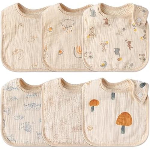 Zainpe 6Pcs Snap Muslin Cotton Baby Bibs Rabbit Bear Sheep Pattern Bandana Drool Cloths Soft Absorbent Adjustable Burp Cloth Feeding Bib for Newborns Girls Boys Toddlers Teething Eating 0 to 36 Months