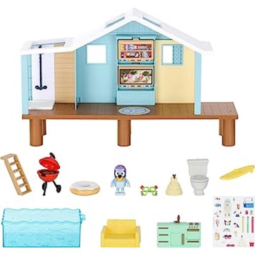 BLUEY Beach Cabin Playset, with Exclusive Figure with Goggles. Includes 10 Play Pieces and Sticker Sheet