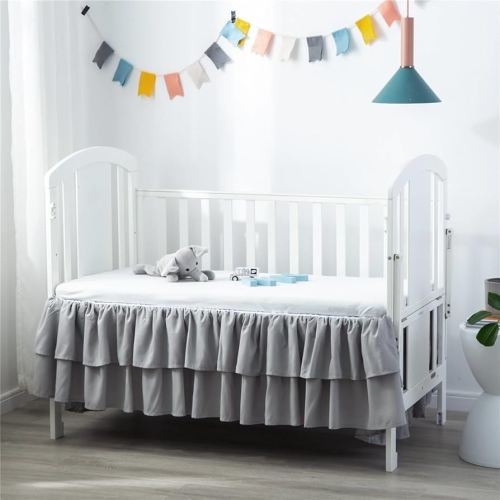 JSD Grey Ruffled Crib Bed Skirt Double Layer Nursery Toddler Dust Ruffle Bedding Skirt 14" Deep Drop