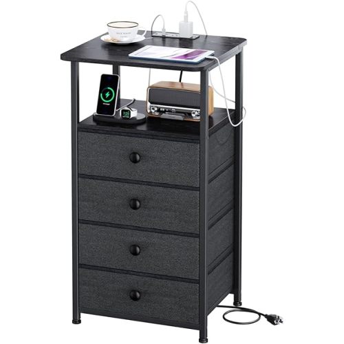 Nightstand with Charging Station, Bedside Table with Round Corner Design, Night Stand with Adjustable Fabric Drawer, Side Table End Table for Bedroom, Living Room NEF-NS-BK-4