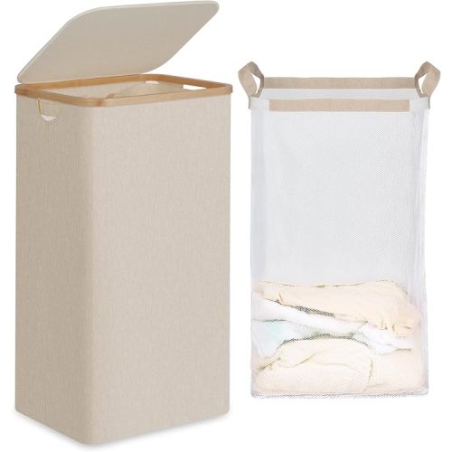 efluky 26 Gal Laundry Basket with Lid and Net Bag, Tall Laundry Hamper with Bamboo Handles, Aesthetic Dirty Clothes Bin for Laundry Room, Bathroom, Bedroom and Dorm, Oatmeal