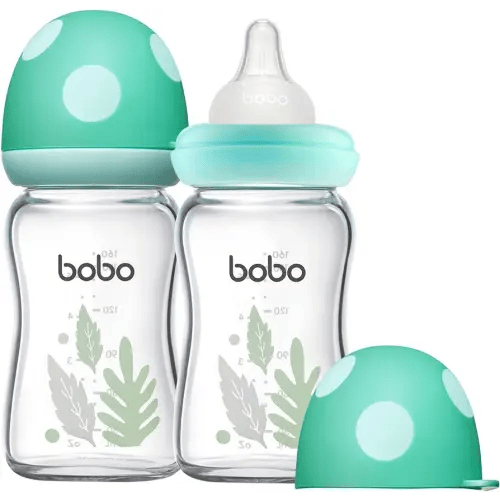YOHKOH Natural Glass Baby Bottle with Level 1 Slow Flow Nipple, Newborn Anti-Colic Baby Bottles, Wide Neck Mushroom Baby Glass Bottle ((5.4oz (Pack of 2), Blue-A)