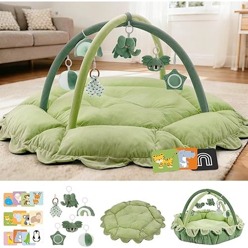 5-in-1 Baby Activity Gym & Play Mat with 6 Hanging Toys, Tummy Time Mat & Cards - Extra Large, Reversible Machine Washable Pad - Gift for Newborns, Infants 0-12 Months, Green