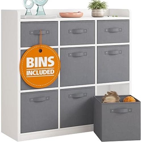 EnHomee Cube Storage Organizer with Storage Bins, Durable Wood and Fabric, 9 Cube Shelf for Clothes Cloest, Bedroom, Living Room,White Grey, 11.8" D x 29.5" W x 35.4" H,