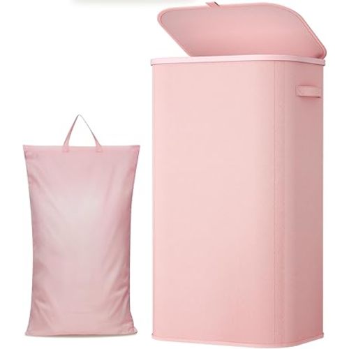 Lifewit 105L Large Laundry Basket with Lid, Laundry Hamper with Plastic Handles and Removable Bag, Foldable Tall Dirty Clothes Hampers for Laundry for Laundry Room, Bedroom, Bathroom, Dorm, Pink
