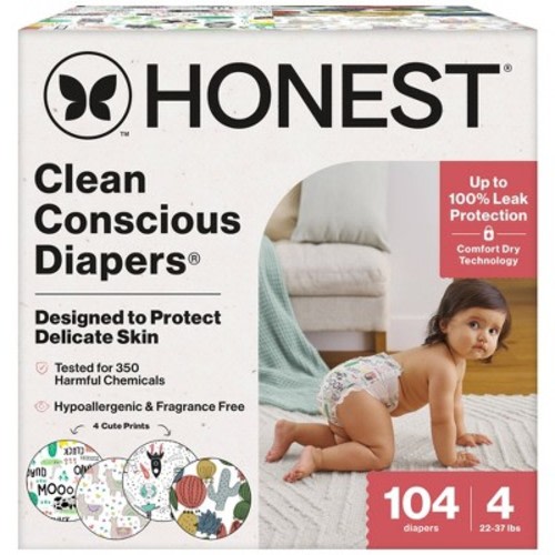 The Honest Company Clean Conscious Disposable Diapers - Four Print Pack - Size 4 - 104ct