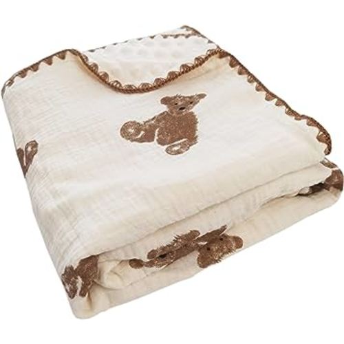 Baby Blanket Double Layer Cotton Muslin Thick Quilt Neutral Bear Pattern Soft Minky Throw Blanket