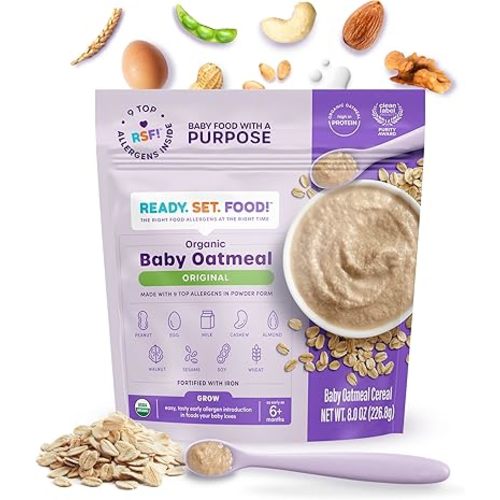 Ready Set Food Organic Baby Oatmeal Cereal – Safe & Easy Early Allergen Exposure for Babies 6+ Months, Organic Baby Food with 9 Top Allergens: Organic Peanuts, Milk, Eggs, Cashews & More (15 Servings) (Original)