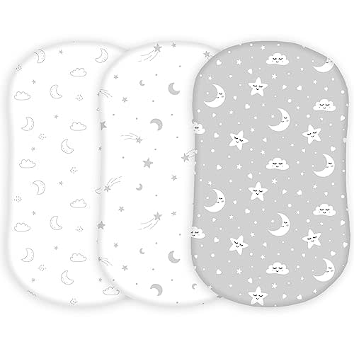 TansyPanda Halo Bassinet Sheets for BassiNest Luxe Swivel, Soothing, Swivel, Lite, Essential Sleeper, 3 Pack, 33 X 17 Inch, Ultra Soft, Snug Fit, Unisex Boys Girls, Gray White (Moon, Stars, Clouds)