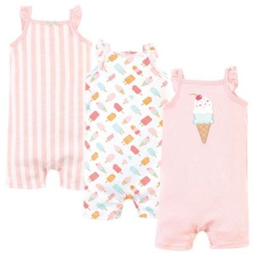 Hudson Baby Infant Girl Cotton Rompers 3pk, Ice Cream, 0-3 Months