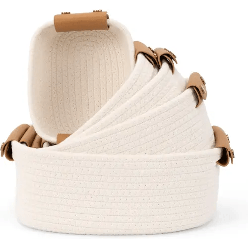 Beautiful Storage Basket Set of 5 - Sturdy Cotton Rope Baskets for Shelves Are Perfect for Organizing Your Home - Quality Storage Bins Easily Fit With Any Nursery or Bedroom Decor