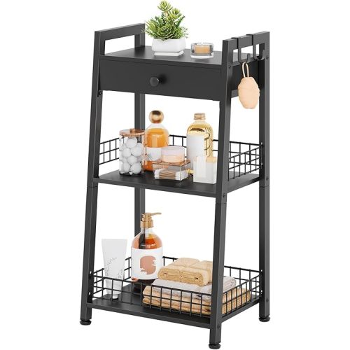 3-Tier Bathroom Ladder Shelf with Drawer, Freestanding Tower Shelf Ladder Bookshelf for Living Room, Bedroom -Black
