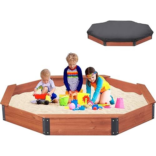 85''x78''x9'' Octagon Sandbox with Cover for Kids Outdoor Play, Wood Large Sandpit with 4 Benches, Quick Easy Install