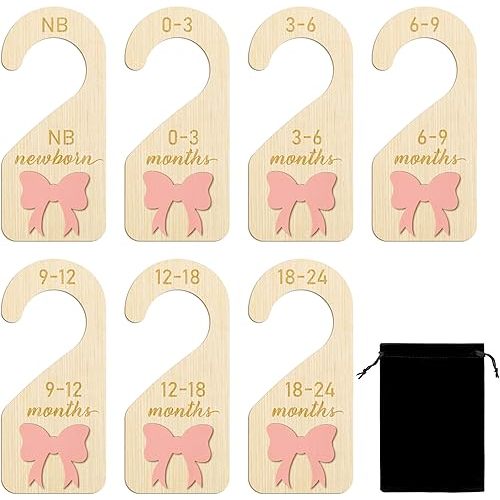R HORSE Wooden Baby Closet Dividers - 8Pcs 3D Coquette Pink Bow Baby Closet Organizer Double-Sided Newborn Clothes Size Hanger Dividers Nursery Birthday Gift for Boy Girl (0-24 Months)