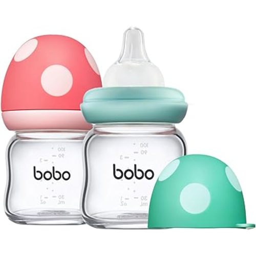 YOHKOH Natural Glass Baby Bottle with Natural Response Nipple, Newborn Anti-Colic Baby Bottles, Wide Neck Mushroom Cap Baby Bottle, Clear (3.4oz (Pack of 2), Multicolour)