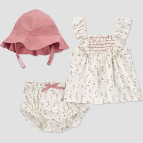 Carter's Just One You®️ Baby Girls' 3pc Floral Top & Bottom Set with Hat - Cream, Size: 12M