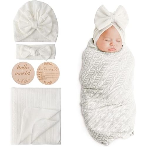 DRESHOW BQUBO Baby Swaddle Blankets for Girls, 4PCS Newborn Accessories Set with Matching Hat and Bow Headband with Hello World Wooden Birth Announcement Card, Baby Blankets for Girls (White)