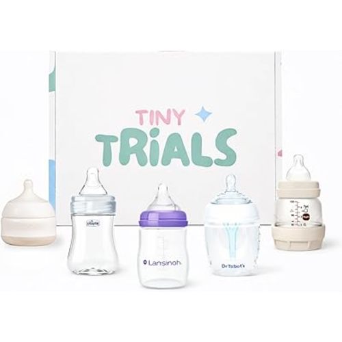 Baby Bottle Trial Pack Variety Box for Newborns & Infants – 5 Bottles Featuring Chicco, Dr. Talbot’s, MAM, Lansinoh & Babaloo – Anti-Colic, Breastfeeding-Friendly Baby Registry Gift, Tiny Trials
