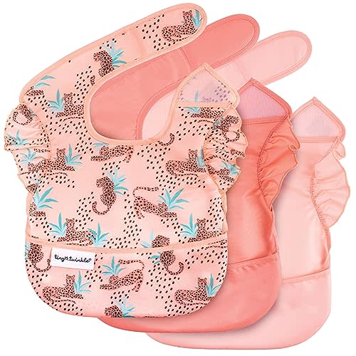 Tiny Twinkle Mess Proof Baby Bibs for Eating | Waterproof, Wipeable Toddler | Travel Friendly - PFAS, PVC, BPA, Phthalate Free | Baby Food Bibs (3 Pack, Leopard)