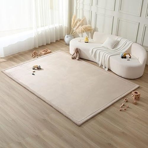Premium Baby Play Mat 80" x 110" Beige – Cloud-Soft Coral Velvet Memory Foam Rug for Crawling & Play – Non-Slip, Water-Resistant, Easy-Care Tummy Time Mat – Non-Toxic Padded Playmat