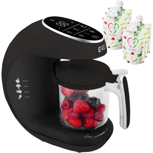 EVLA'S Baby Food Maker, Steamer, Blender, Baby Food Processor for Healthy Homemade Baby Food in Minutes, Touch Screen with 6 Reusable Food Pouches, Baby Registry Essential, Dark Grey