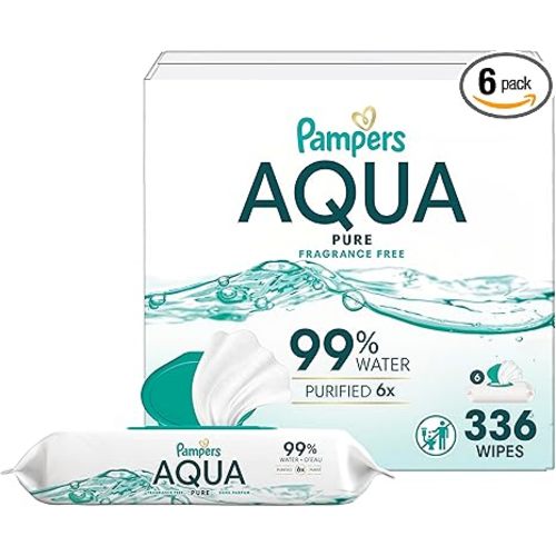 Pampers Aqua Pure Baby Wipes, 99% Water, Fragrance Free, 336 Baby Wipes Total (6X Flip-Top Packs) [Packaging May Vary]