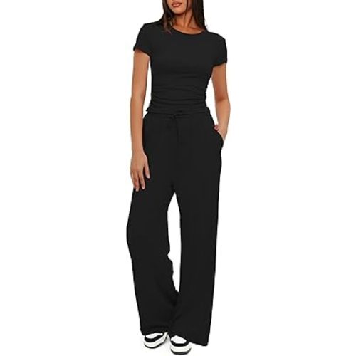 Darong Women's 2 Piece Set Outfits Lounge Sets Ruched Short Sleeve Tops High Waisted Wide Leg Pants Tracksuit Sets