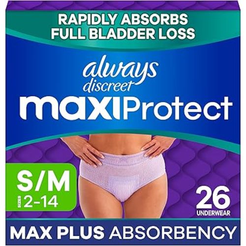 Always Discreet MaxiProtect Adult Diapers for Women, Incontinence Underwear, Scented, Postpartum Essentials, Bladder Leak Protection, Disposable Briefs, Maximum Plus Absorbency, Size S/M, 26 Count