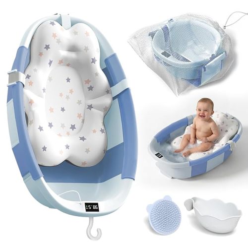 Collapsible Baby Bathtub - Large Baby Bath Tub with Thermometer | Bath Essential Bañera para Bebe Easy Fold Baby Tub | Travel Infant Newborn Toddler Bathtub for Baby Girl Boy 0 to 36 Months (Blue)