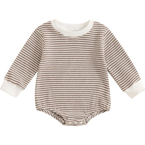 VISGOGO Unisex Baby Boy Girl Striped Romper Waffle Long Sleeve Bubble Oversized Romper Bodysuit Top Fall Onesie Clothes (Khaki, 0-3 Months)