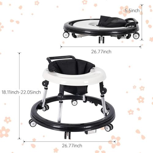 Baby Walker Foldable with 9 Adjustable Heights, Baby Walkers and Activity Center for Boys Girls Babies 7-18 Months, Baby Walker with Wheels Portable - Black