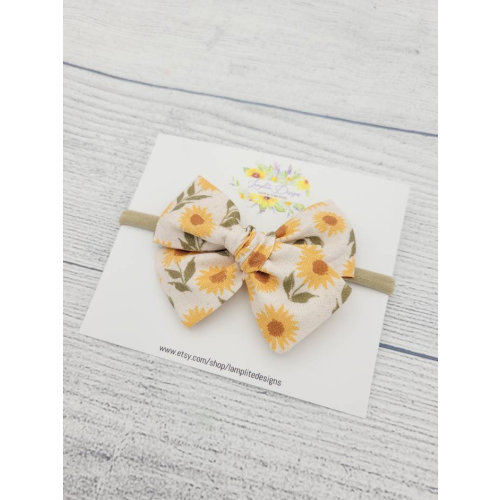 Sunflower Fabric hair bow - hand tied bow - mustard fall flowers - floral bow - baby girl gift - baby headband - baby shower - sunflowers