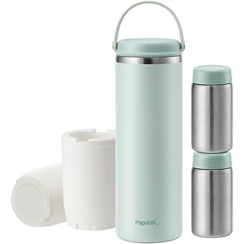 Papablic Innovative 360° CapsuleChill Breastmilk Cooler for 36H Safe Storage, 20oz Stress-Free Portable Breast Milk Chiller with 2pcs Stainless Steel Baby Bottles for Work & Travel, Mint Green
